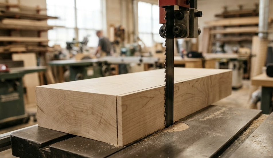 Industrial bandsaw cutting a thick block of Ceiba wood at Max Machine Tools